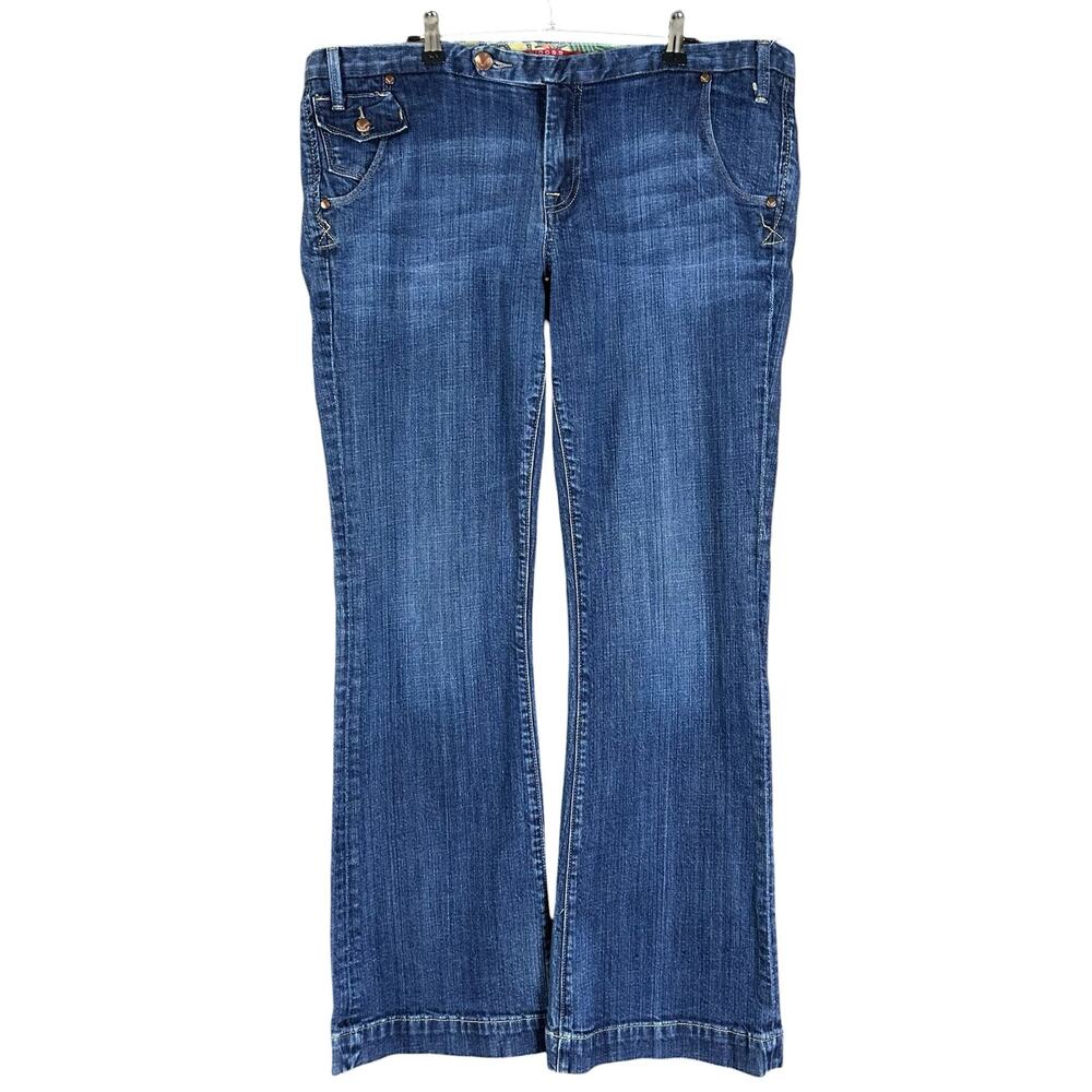 Vigoss Jeans Junior Sz 15 Blue Flare Bootcut Mid Rise Y2K Flap Pocket Boho Denim
